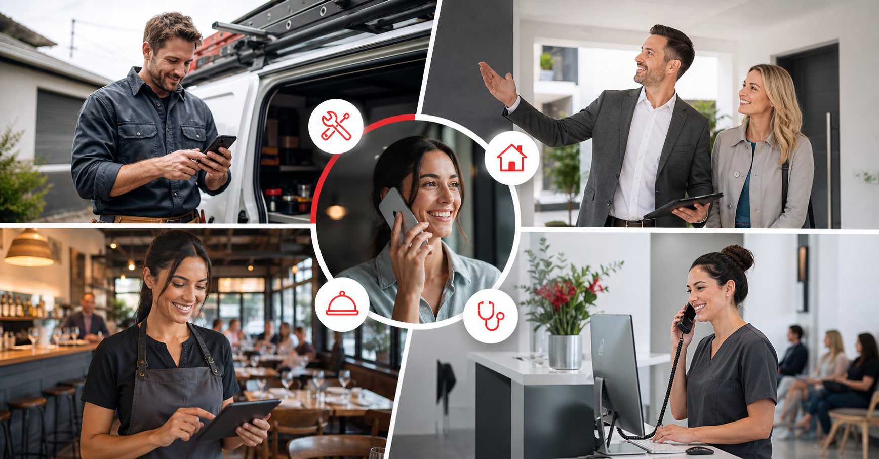 Tradesperson, real estate agent, restaurant and clinic staff using phone services